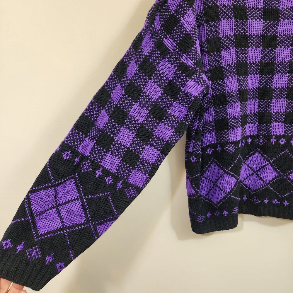 Vintage Adele knitware purple & black check & argyle sweater woman's size M / L - Picture 5 of 8
